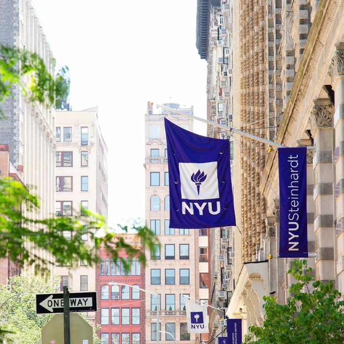 Hanging banner outside of NYU Steinhardt